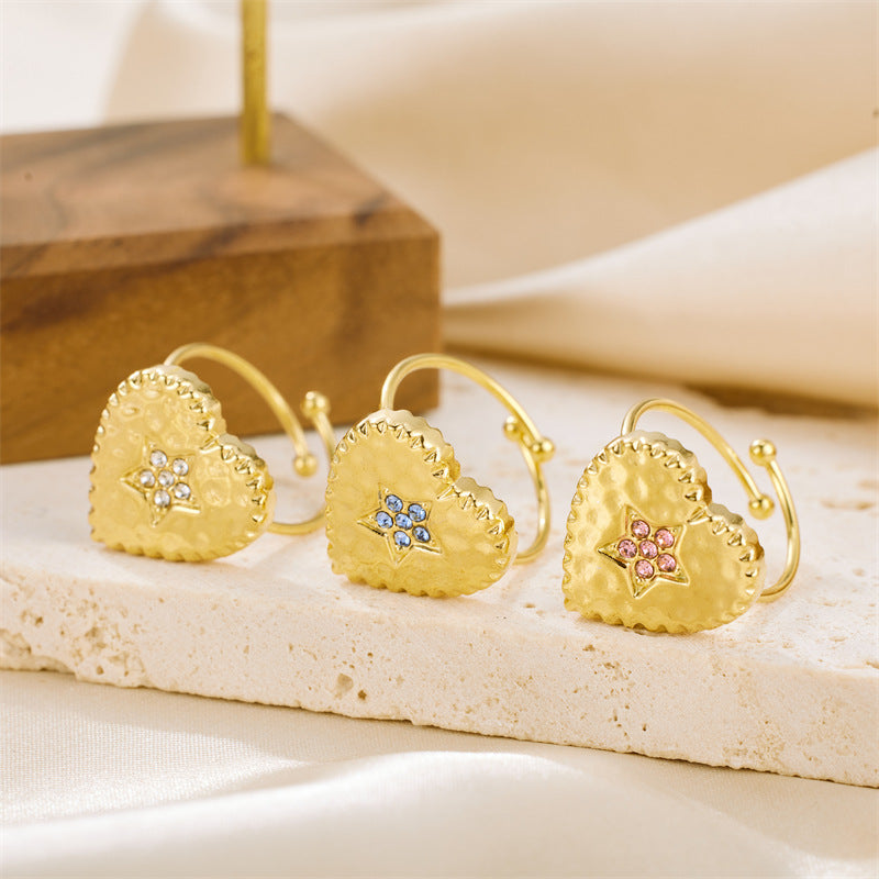 Wholesale Valentine's Day Stainless Steel Inlaid Zirconia Heart Opening Ring